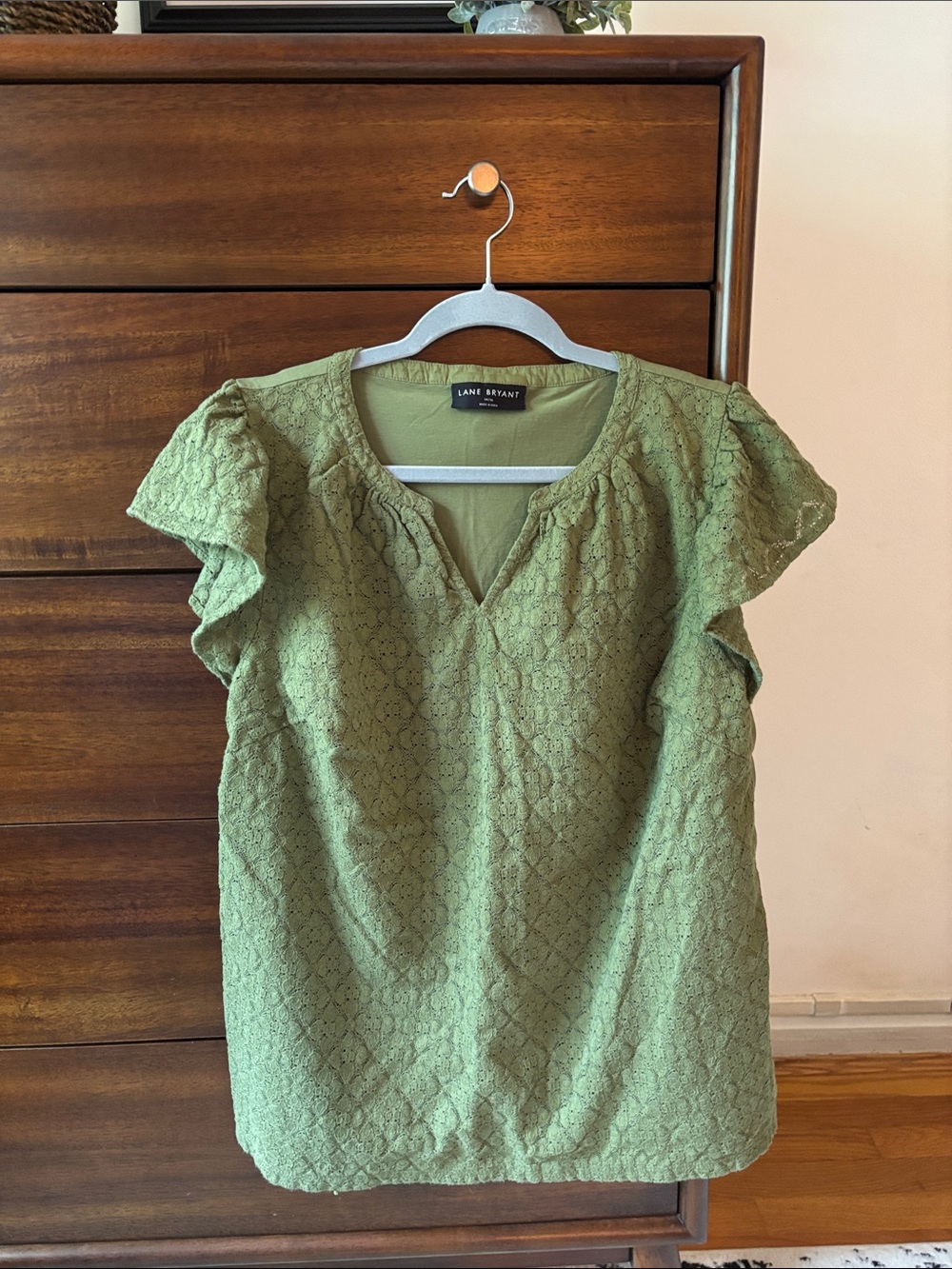 Lane Bryant Olive Green Lace Flutter Sleeve Top